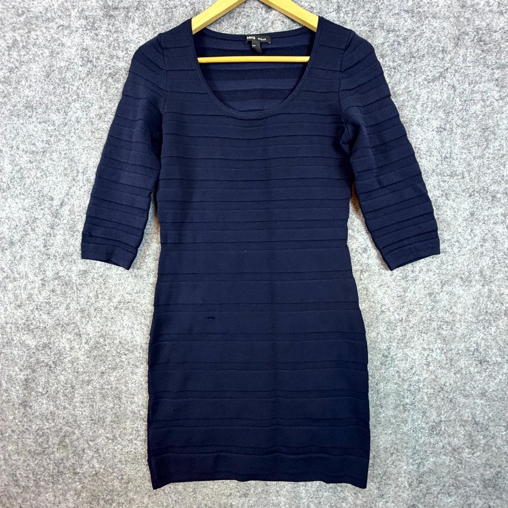 Mango Bodycon Dress Womens Medium Navy Blue Ribbed Knit Scoop Neck 3/4 Sleeve